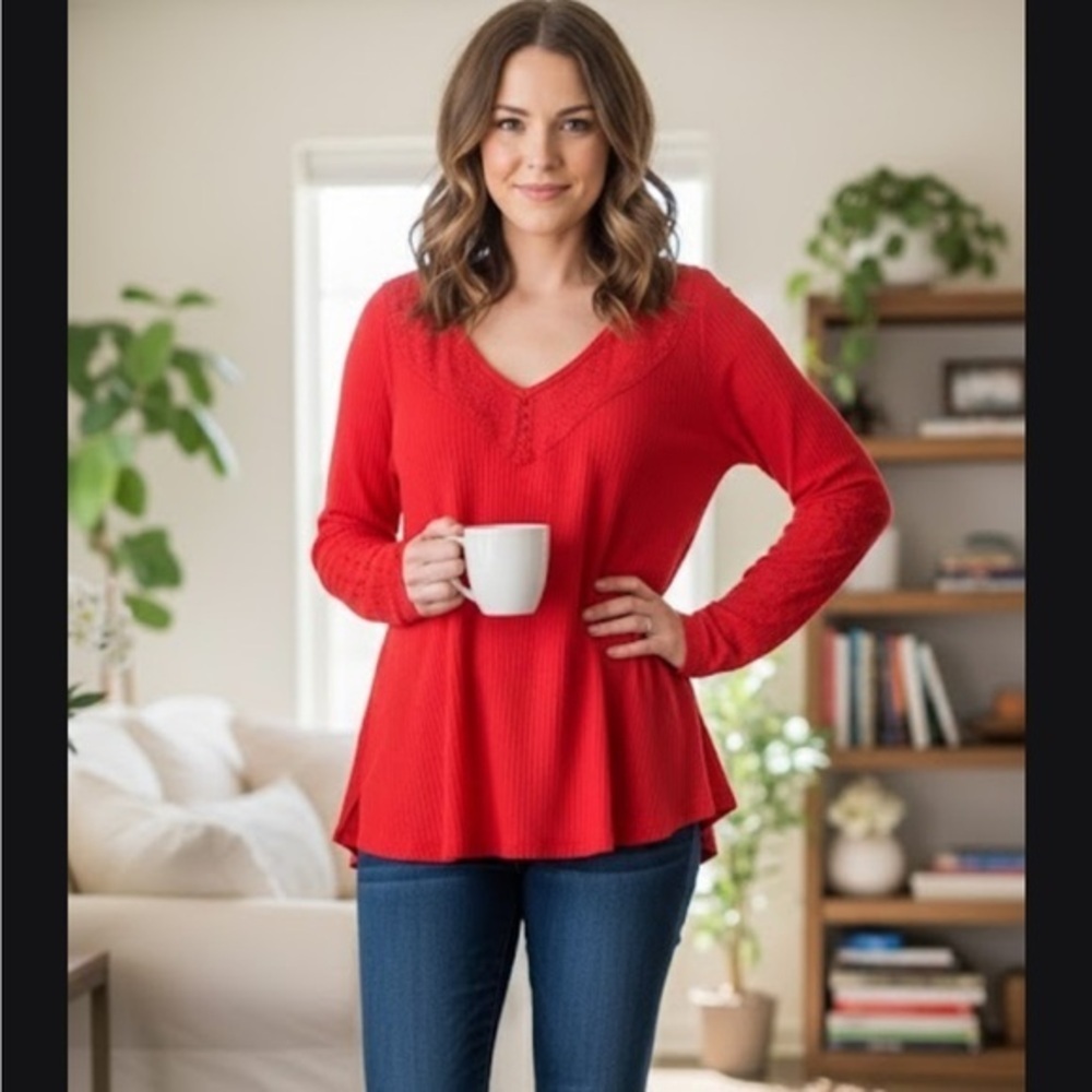 Free People Vibrant Red Long Sleeve Top